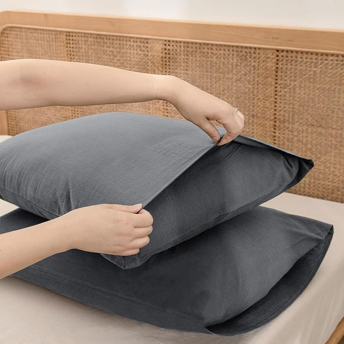 BESTOUCH 100% Washed Cotton Pillowcase for Hair and Skin Linen Feel Soft Comfortable Breathable 2 Set Pillow Case with Envelope Closure Solid Quiet Shade Grey King 20x36 Inches