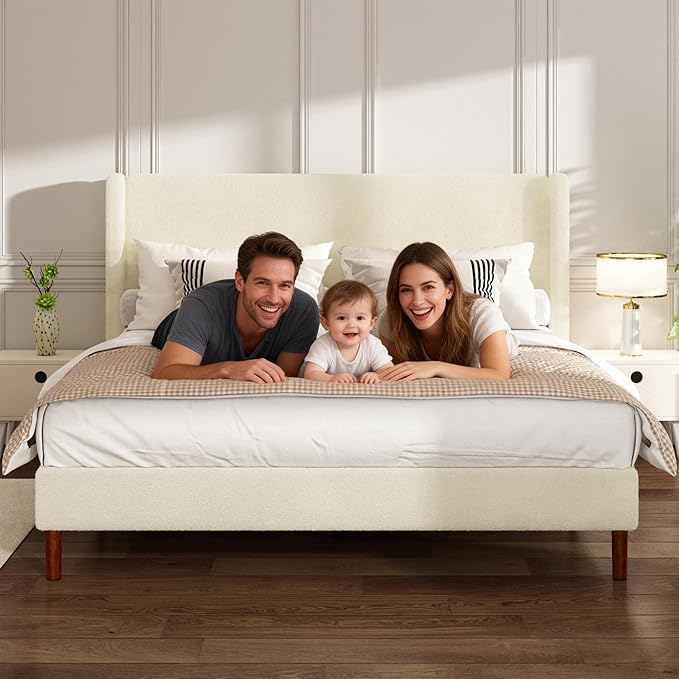 King Boucle Bed Frame, Platform Bed with Upholstered Wingback Headboard, Strong Wooden Slats Support, Noise-Free, No Box Spring Needed, Easy Assembly, Beige