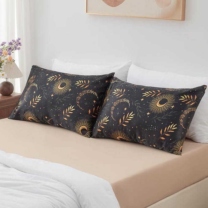 EXQ Home Satin Pillowcase for Hair and Skin - Multicolor Printed Black Moon Silk Pillowcase 2 Pack 20x26 inches - Standard Size Satin Pillow Cases Set of 2 with Envelope Closure