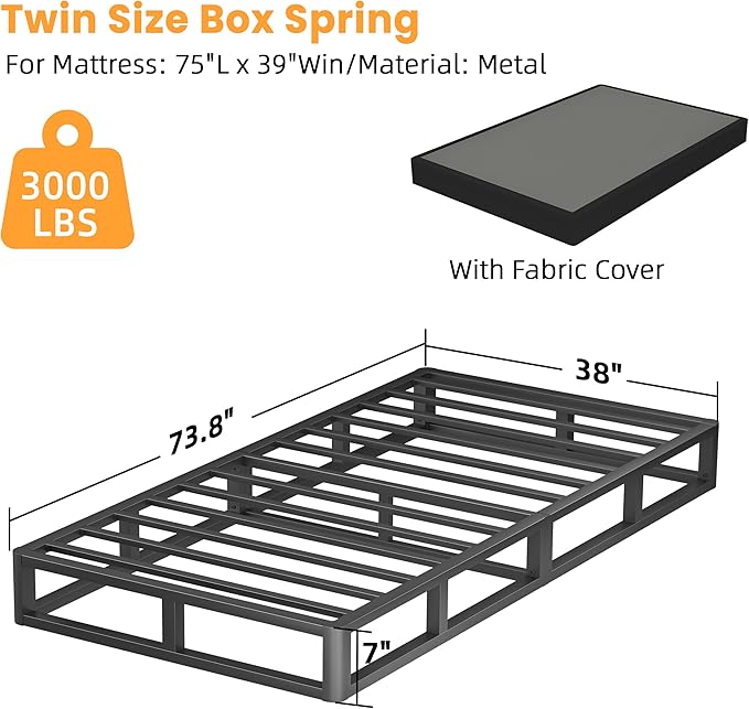 VIPSHOW 7 Inch Twin Metal Box Spring with Round Corners - 3000 lbs Capacity, High Profile Heavy Duty Mattress Foundation with Steel Slats, Noise-Free, Easy Assemble, Black