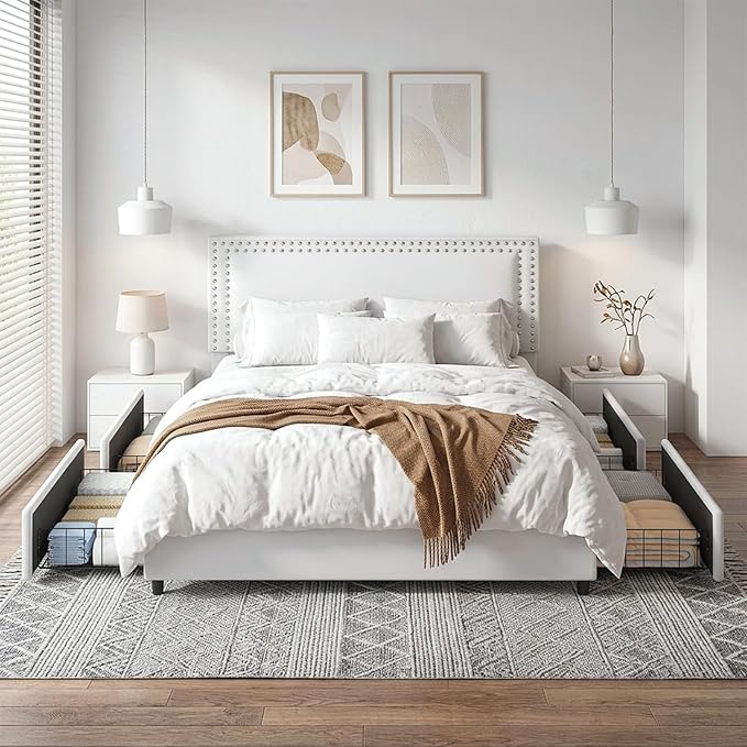 VECELO King Size Upholstered Bed Frame with 4 Storage Drawers, Adjustable Velvet Rivet Decor Headboard, Wooden Slats Platform Support, No Box Spring Needed, Easy Assembly,White
