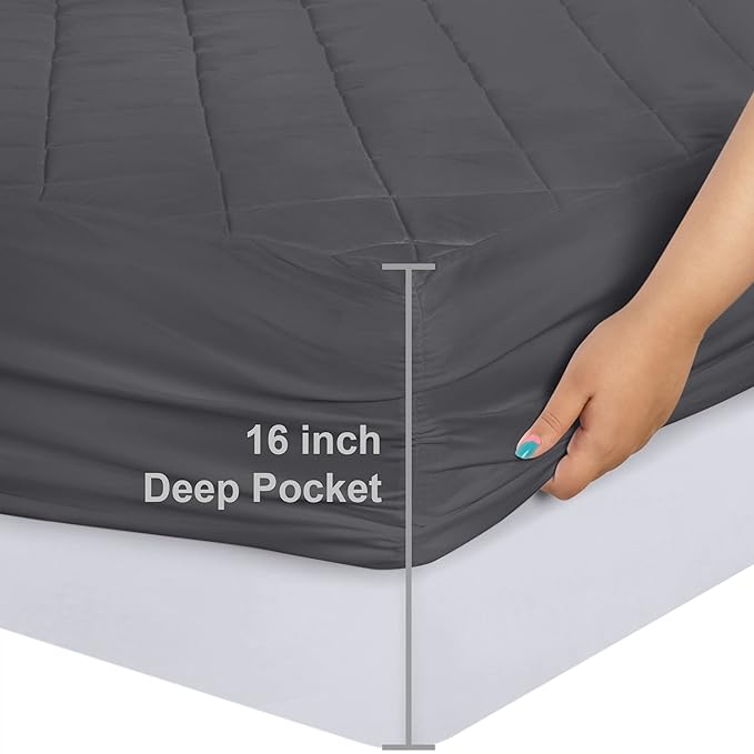 Utopia Bedding Quilted Fitted Mattress Pad, King Size, Elastic Fitted Mattress Topper Protector and Cover with Deep Pocket Stretches up to 16 Inches, Machine Washable (Grey)