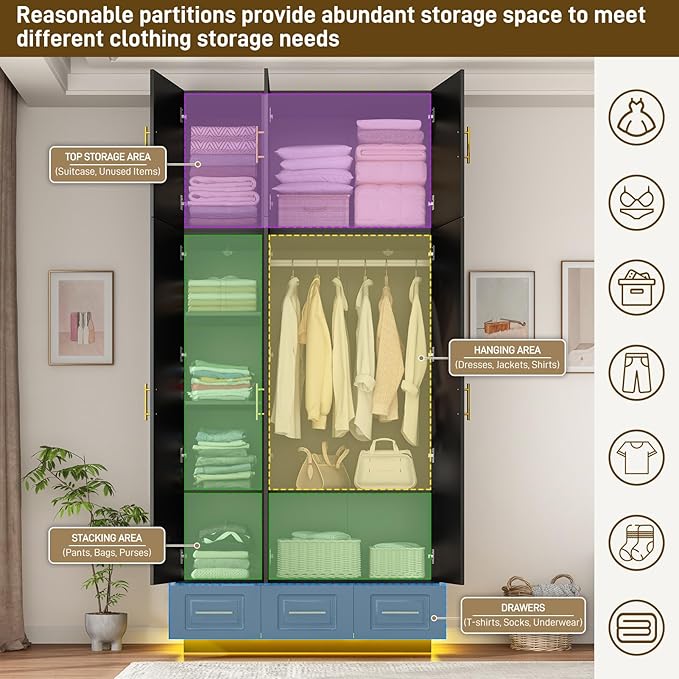 Hlivelood Large Armoire Wardrobe Closet Cabinet with Drawers and LED Lights, Multi-Tier Shelves, Hanging Rod, Large Capacity Storage 3 Door Wardrobe Armoire with Top Cabinet for Bedroom, Black