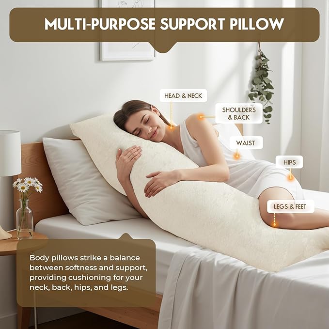 Body Pillow for Adults with Removable Pillowcase，Memory Foam Fluffy Body Pillows for Side Sleepers, Back Pain, Pregnancy, Large Long Pillow Full with Cover for Bed,20x54 Inch, Cream