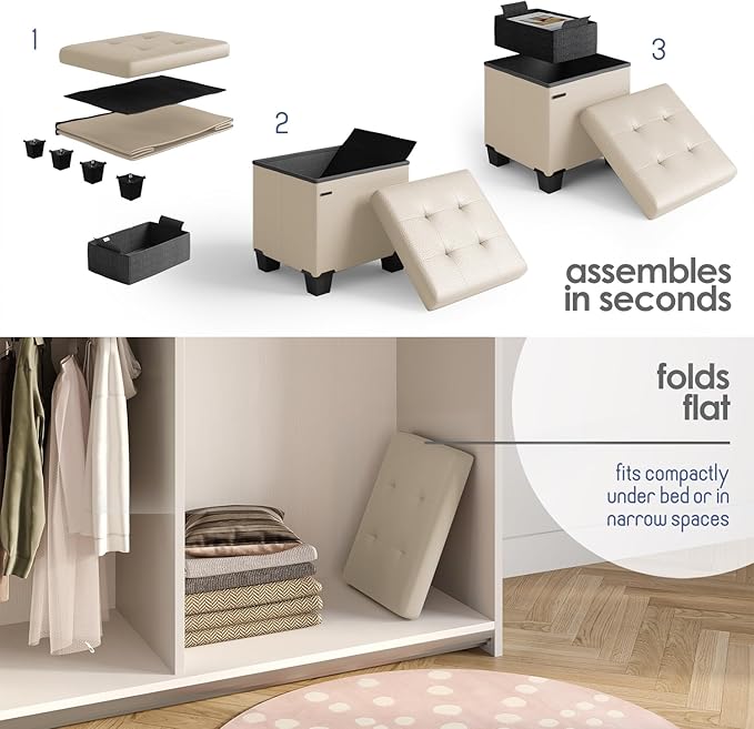 Storage Ottoman Cube with Small Bin, 15-in Square Ottoman with Storage for Living Room and Bedroom, Small Ottomans Foot Rest, Leather Foot Stools Ottomans Max 330lbs, Beige