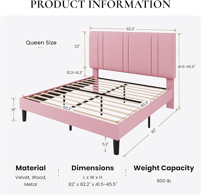 SHA CERLIN Queen Size Platform Bed Frame, Velvet Upholstered Bed with Adjustable Headboard, Vertical Channel Tufted Design, Sturdy Wood Slat Support, No Box Spring Needed, Easy Assembly, Pink