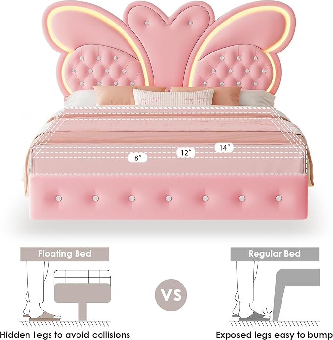 Keyluv Queen Bed Frame Butterfly-Pattern Upholstered Headboard, Modern Floating Bed with LED Lights Button Tufted on Headboard and Footboard, Slats Support No Box Spring Needed, Noise-Free, Pink