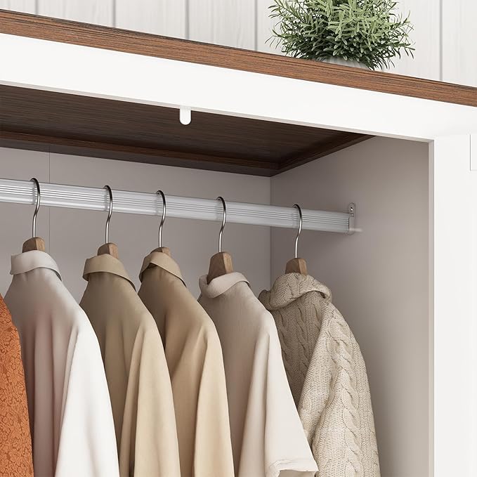 Hlivelood 4 Doors Wardrobe Armoire Closet with Doors and Drawers, Farmhouse Wooden Armoire Storage Cabinet with Shelves & Hanging Rod for Bedroom, White