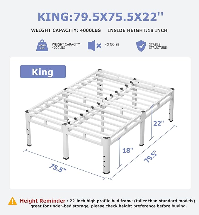 NKZ 22 Inch King Size Bed Frame, Metal Bed Frame & Box Spring 2 in 1 Platform with Round Corner Legs, 4000Lbs Heavy Duty Metal Frame, Mattress Slide Stopper, Headboard Hole, Noise-Free, Easy Assembly