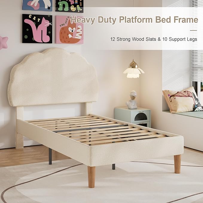 VECELO Twin Size Bed Frame, Upholstered Platform Bedframe with Height Adjustable Plush Fabric Headboard, Strong Wood Slat Supports, No Box Spring Needed, Beige