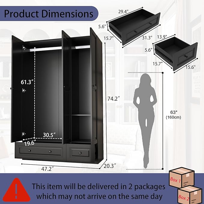 Armoire Wardrobe Closet with Drawers: 74" Black Wardrobe Close with 3 Doors, Tall Armoire with Hanging Rod, Large Wood Clothes Cabinet for Bedroom (Black, 47") (Black, 47")