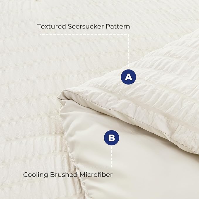 HYMOKEGE Ivory Duvet Cover Queen Size, Ultra Soft 3-Piece Seersucker Duvet Cover Set with Zipper Closure, Soft Brushed Microfiber Bedding Set with 8 Corner Ties (90"x90", 2 Pillowshams)
