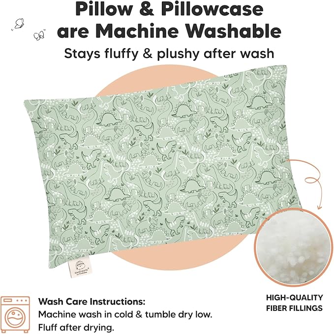 Toddler Pillow with Pillowcase - 13x18 My Little Dreamy Kids Travel Bed Pillows for Sleeping, Organic Cotton Small Pillowcase, Soft & Breathable, Machine Washable, Toddlers 2-5 years old (DinoDood)