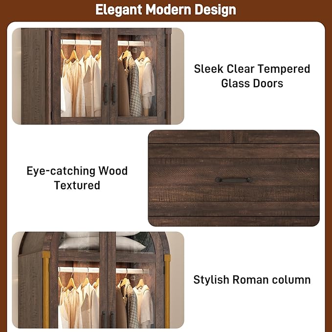 chartustriable 2 Doors Arched Armoire Wardrobe Closet w/Drawers,LED Light,Wooden Closet Wardrobe Cabinet with Hanging Rod for Bedroom,Modern Armoire Storage Cabinet w/Shelf,Rustic Brown