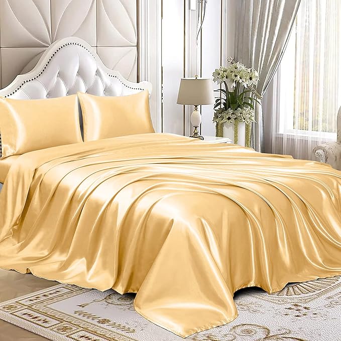 Homiest 3pcs Satin Sheets Set Luxury Silky Satin Bedding Set with Deep Pocket, 1 Fitted Sheet + 1 Flat Sheet + 1 Pillowcase (Twin Size, Gold)