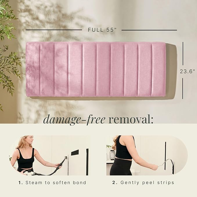 Hearth & Harbor Upholstered Full Headboard - Easy Assemble Channel Stitched Headboard Full Size - Wall Mounted Headboards with 3D Soundproof Wall Panels Peel & Stick Floating Headboards, Pink