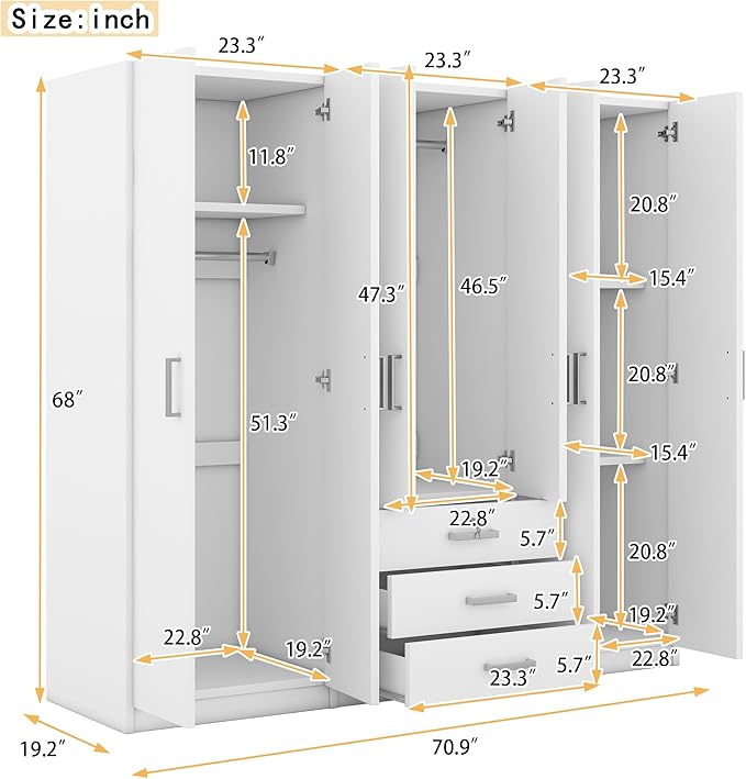 68" H Large 6 Doors Wooden Wardrobe Closet, Freestanding Armoire Wardrobe Closet Cabinet with 3 Drawers, Shelves and Hanging Rod for Hanging Clothes, Coat Closets for Bedroom, White