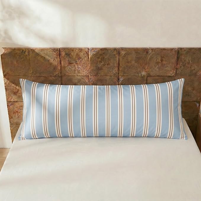 Merryword Body Pillow Cover 20x54inches, 100% Cotton Pillow Case, Light Blue Striped Pillowcase, Soft Breathable Ribbon Stripes Long Pillowcase, 1-Piece