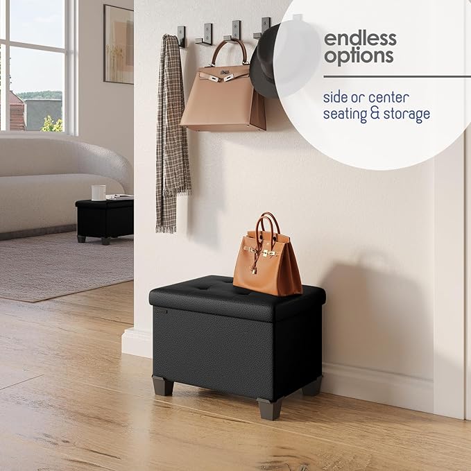Storage Ottoman Cube with Small Bin, 16-in Square Ottoman with Storage for Living Room and Bedroom, Small Ottomans Foot Rest, Leather Foot Stools Ottomans Max 330lbs, Black