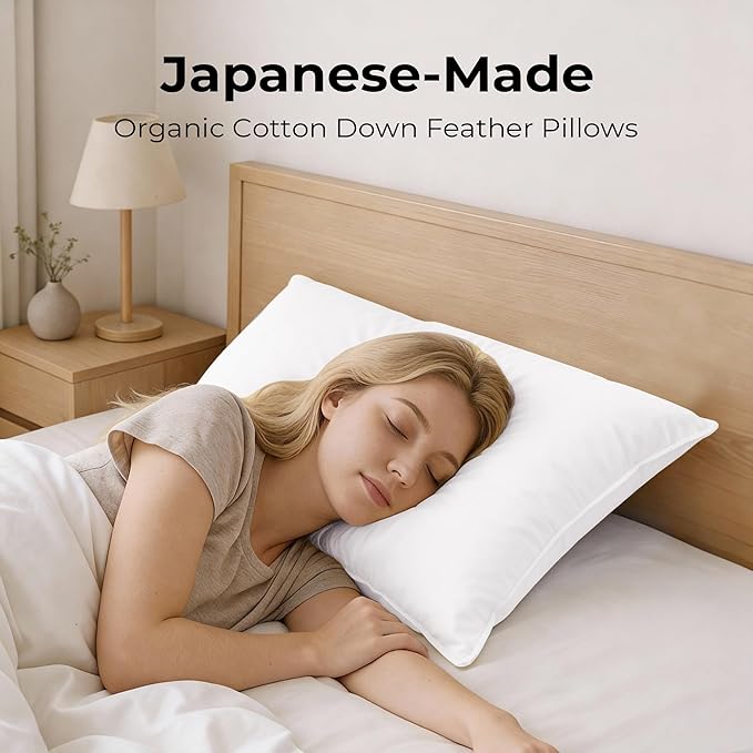 UNIKOME White Goose Down Feather Pillows - 100% Cotton Cover - King Size Pillow Set of 2, Made in Japan Pillow for Sleeping