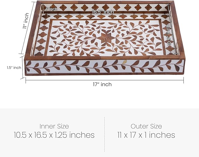 Handicrafts Home Alhambra El Plato Decorative Tray, 17”x11” Wood & Resin Inlay Coffee Table Tray with Handles, Handmade Serving Ottoman Tray for Living Room Decor, Boho Farmhouse Home Accent