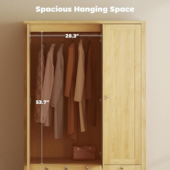 HOMCOM 3 Door Armoire Wardrobe Closet with 2 Drawers, 69" Clothing Storage Cabinet with Lockable Large Drawer, Hanging Rod and Storage Shelves for Bedroom, Wardrobe Cabinet, Natural