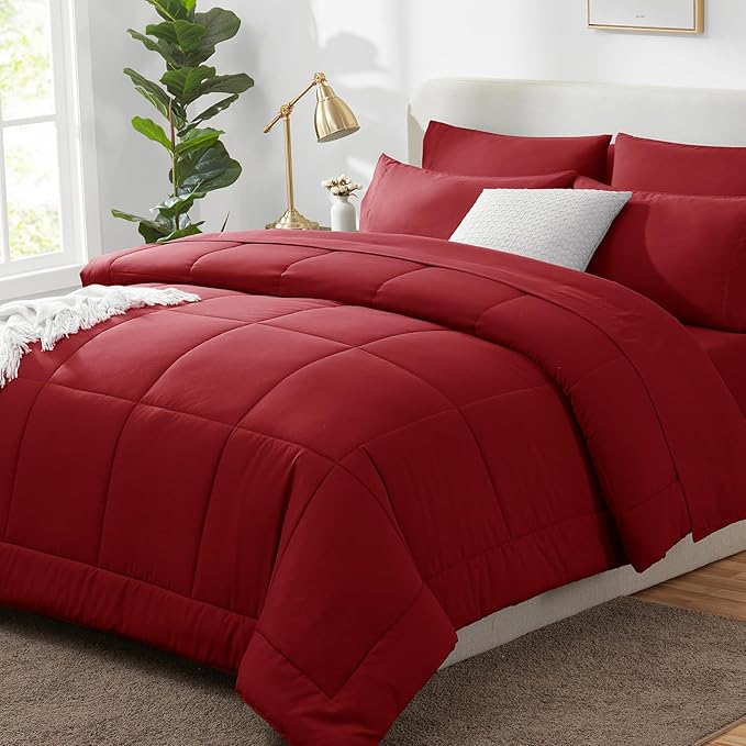 CozyLux Oversized Queen Comforter Sets Dark Red, 7 Pieces Bed in a Bag, Ultra-Soft All Season Bedding Sets with Stitch Quilted Comforter, Flat Sheet, Fitted Sheet, Pillowcases