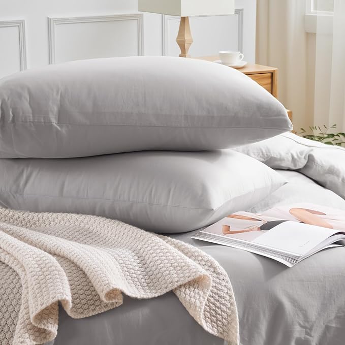 NEXHOME PRO Duvet Cover Set King Size Linen Feel Textured Organic Natural 100% Washed Cotton Duvet Cover 3 Pieces Bedding Set with Zipper Closure, Breathable, Soft, Light Grey (No Comforter)