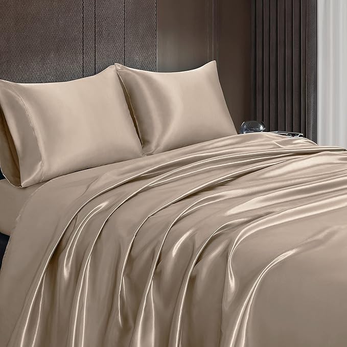 Homiest 3pcs Satin Sheets Set Luxury Silky Satin Bedding Set with Deep Pocket, 1 Fitted Sheet + 1 Flat Sheet + 1 Pillowcase (Twin Size, Taupe)