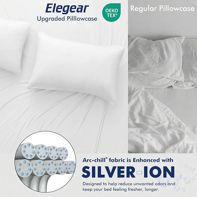 Elegear Cooling Pillow Cases for Hot Sleepers, Silver Infused Cooling Pillowcase Instantly Cool with Q-Max>0.5, Soft Silky Pillowcases for Hair & Skin, Zipper Anti Acne Pillowcase Set of 2-King,White