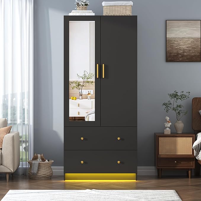 chartustriable 2 Doors Armoire Wardrobe Closet with Mirror, LED Closet with Doors and Drawers, Wooden Wardrobe Storage Cabinet with Hanging Rod, Small Armoire, Black