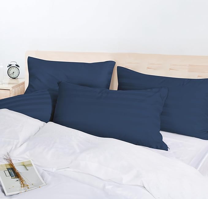 100% Egyptian Cotton Toddler Pillowcases Set of 4, 400 Thread Count Sateen Weave Small Pillow Protectors, Super Soft Breathable Zippered Pillow Covers 13x18 Inches (Stirpe Navy Blue, Toddler)