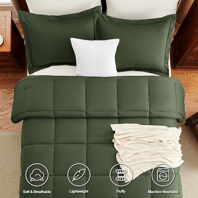 CozyLux King Comforter Set - 270GSM Olive Green Bedding Sets for All Seasons Size, 3 Pieces Box Stitched Bed Set with 1 Down Alternative Comforter and 2 Pillow Shams, Soft, Lightweight, Durable