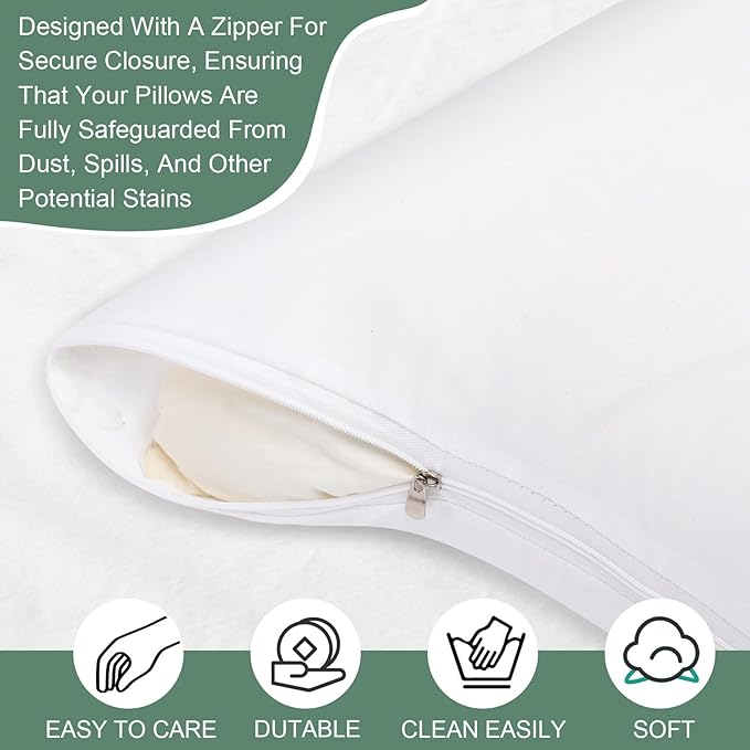 Shimeyao 60 Pcs 20 x 30 Inch Zippered Pillow Protectors Bulk, Standard Size Bedding Pillow Cases, Soft Breathable Cotton Sateen Dust Protection Covers White Protectors for Home Hotel Rental
