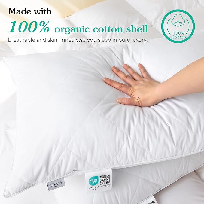 Three Geese White Goose Feather Cotton Pillows Queen Size Set of 2- Soft 600 Thread Count 100% Cotton, Medium Firm,Soft Support Surround Cotton (Queen Size:Pack of 2)