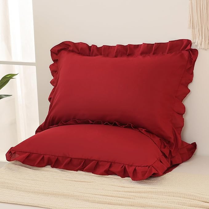 Burgundy Pillow Shams Cute Ruffle Queen Pillowcases Solid Pillow Cover Set of 2 Shabby Chic Soft Red Pillowcases 2 Pack (Queen (20''x30''), Burgundy)