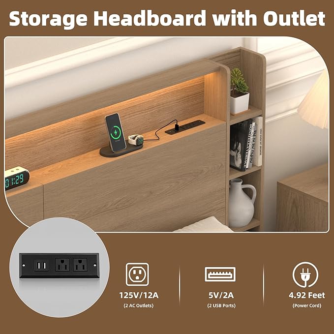 Queen Headboard Only with Shelves Storage, Headboards with Charging Station 2 USB Ports and LED Light,Sturdy and Stable Modern Sturdy and Stable Wood Bed Board (Natural Oak, Queen) | Solid wood leg, chargestation, Storage