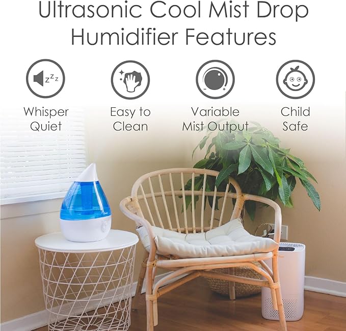 Crane Ultrasonic Cool Mist Humidifier for Bedroom, Baby Nursery, Kids Room, Plants, or Office, Large 1 Gallon Tank, Filter Optional, Blue and White