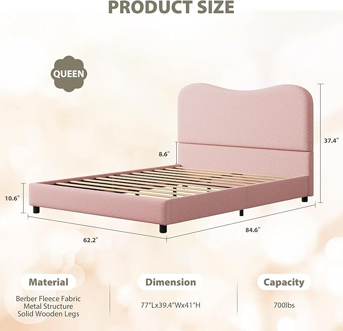 GarveeHome Boucle Queen Bed Frame with Upholstered Headboard, Soft Low Profile Sturdy Platform Bed with Rounded Corners Design, Heavy Duty, Wooden Slats, Noise Free, No Box Spring Needed, Pink