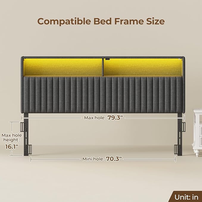Rolanstar Headboard for King Size Bed with Storage, Head Board with USB & Type C Port, 60,000 DIY Color of LED Light, Velvet Upholstered, Height Adjustable, Sturdy, Easy Assembly, Grey