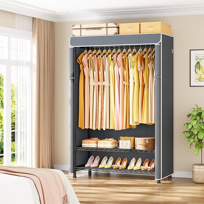 ULIFHOME H5C Plus Clothes Rack with Cover, Portable Closet for Hanging Clothes, Covered Clothing Racks Heavy Duty, Garment Racks with Shelves, Max Load 370LBS, Black Closet Rack with Gray Cover