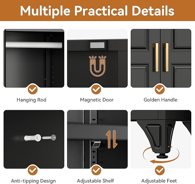 Polup Metal Armoire Wardrobe Closet, 71" Tall Wardrobe Cabinet with 2 Doors, Hanging Rod and Adjustable Shelves, Steel Clothing Storage Cabinet for Bedroom, Home, Gym, Office, Employee, Black