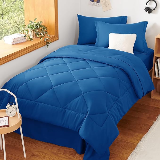 CozyLux Twin XL Comforter Set Classic Blue - 5 Pieces Twin Extra Long Bed in a Bag for College Dorm, All Season Bedding Set for Girls and Boys, Soft Bed Set with Comforter, Sheets, Pillowcase & Sham