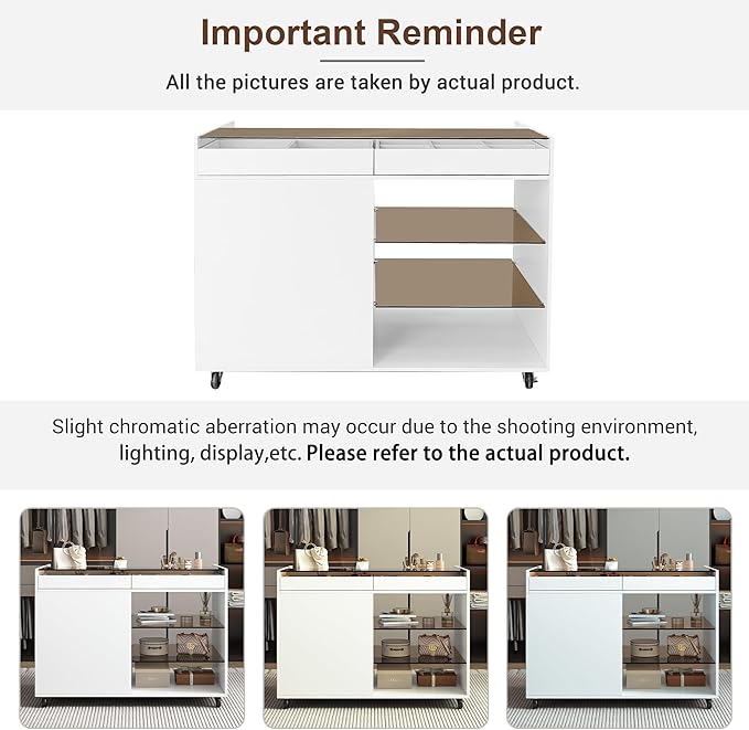 Movable Storage Cabinet Island, 43.3" Multi-Functional Island with 3 Side Drawer, a Reversible Top Storage Space and Two Glass Display Shelves, Vanity Table