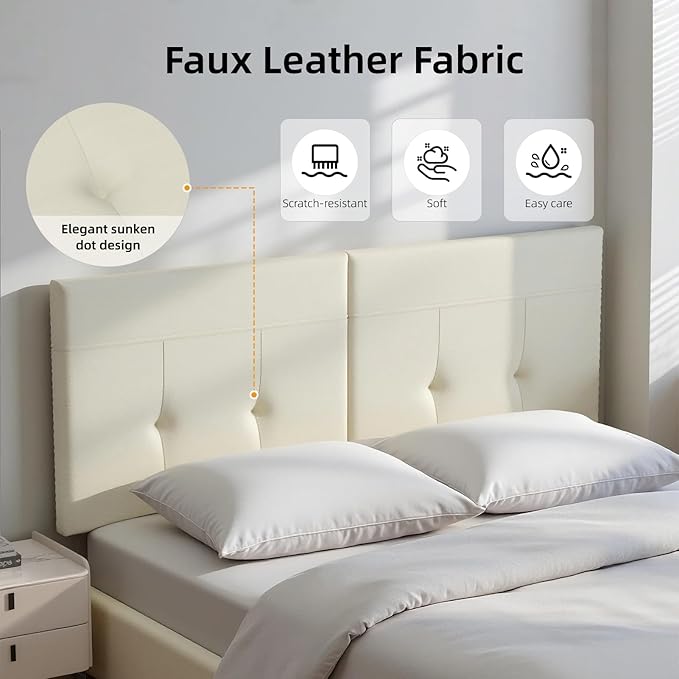 Queen Headboard Only with Adjustable Metal Legs, Faux Leather Upholstered Headboard Queen Size, Modern Stylish Headboard with Sunken Dot Design, Sturdy Bed Headboard for Bedroom, Ivory