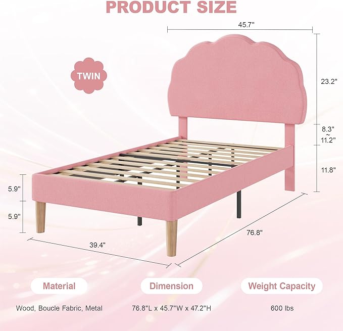 VECELO Twin Size Bed Frame, Upholstered Platform Bedframe with Height Adjustable Plush Fabric Headboard, Strong Wood Slat Supports, No Box Spring Needed, Pink
