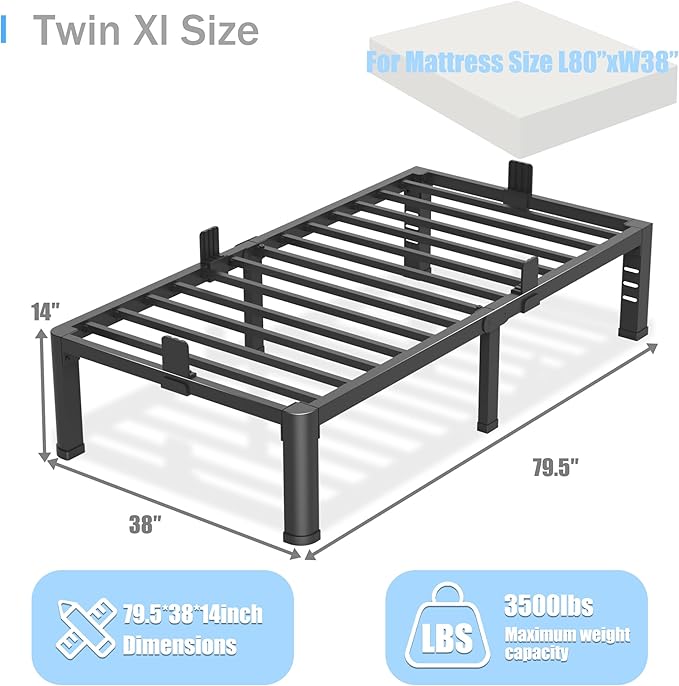 Yitong Angel 14 inch Twin XL Bed Frame with Rounded Corner Legs and Headboard Hole Mattress Slide Stopper 3500 LBS Heavy Duty Support Metal Platform,No Box Spring Needed, Noise Free,Easy Assembly