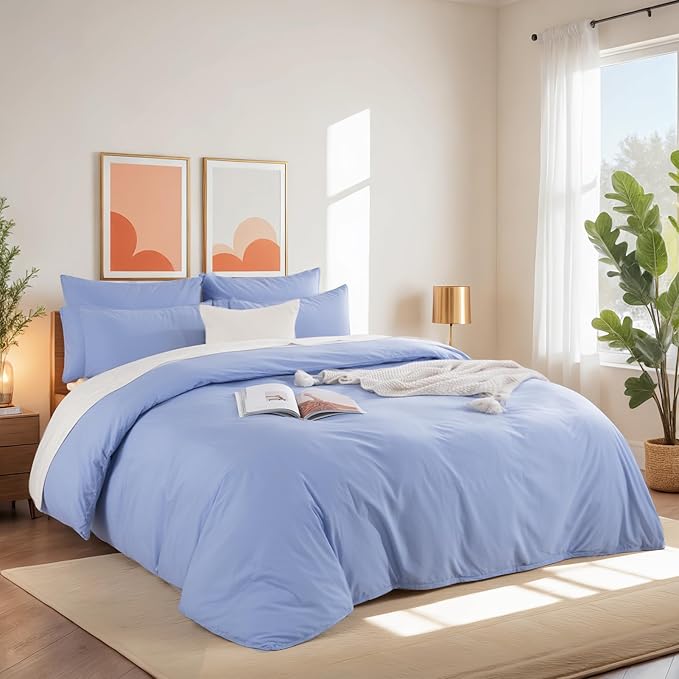 NEXHOME PRO Full Duvet Cover Set, 100% Washed Cotton with Linen-Like Texture, Natural Organic, Breathable & Comfortable, Includes Home Bedding Set Baby Blue (No Comforter) 8090