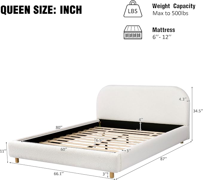 Merax Queen Size Teddy Fleece Thick Fabric Upholstered Platform Bed with Curved Shaped Headboard, Wood Bed Frame with Solid Round Legs for Kids Teens Adults, White