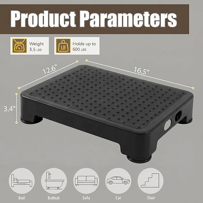CHIKILLA Step Stool for Elderly & Adults, 600LBS Heavy Duty Mobility Platform, 3.4Inch Low Step for Car High Bed Bathtub&Kitchen, Non-Slip Wide Base Portable Stair Assist, No Assembly Required, Black